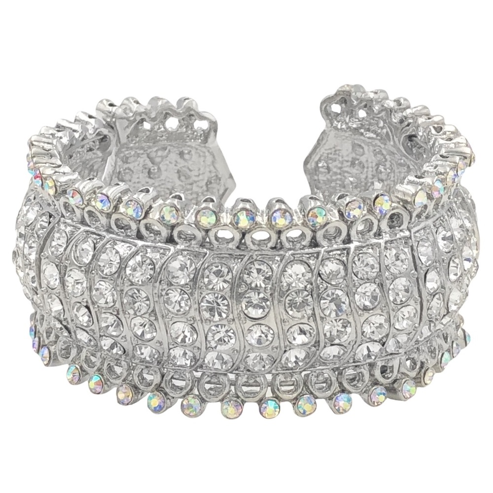 Clear Rhinestone Silver Chunky Statement Wide Large Cuff Bangle Bracelet